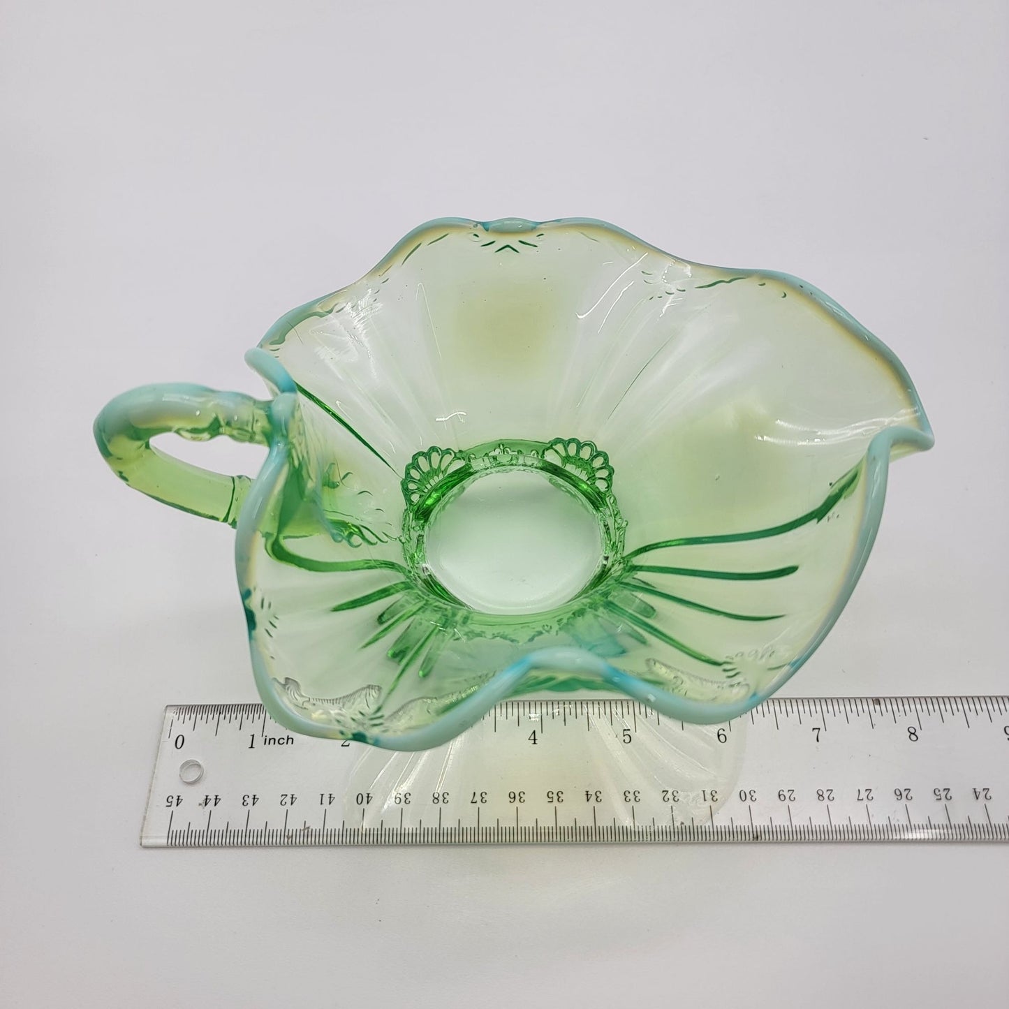 Dugan Green Opalescent Glass Footed Nappy Dish With Handle