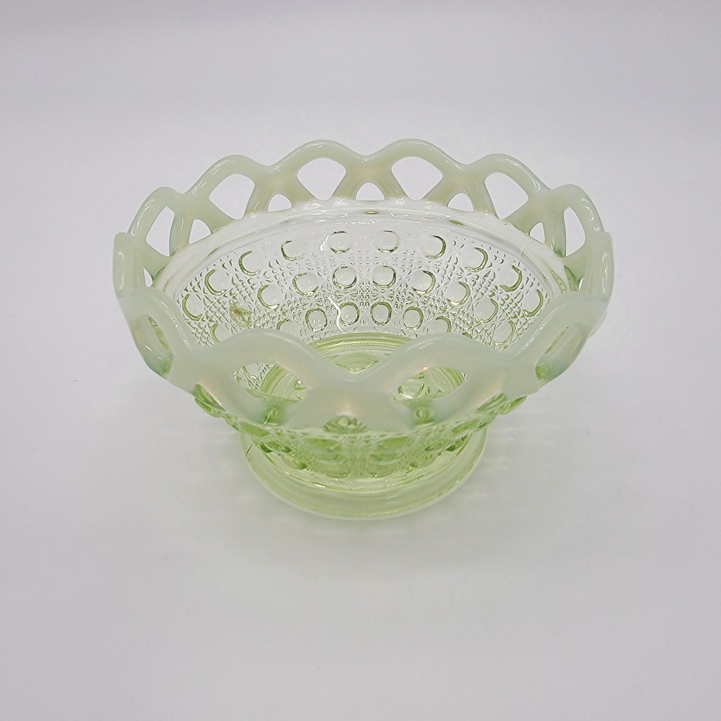 Vintage Uranium Glass IGreen Opalescent Button Cane Open-Lace Bowl