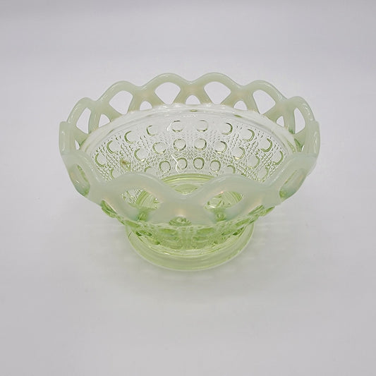 Vintage Uranium Glass IGreen Opalescent Button Cane Open-Lace Bowl