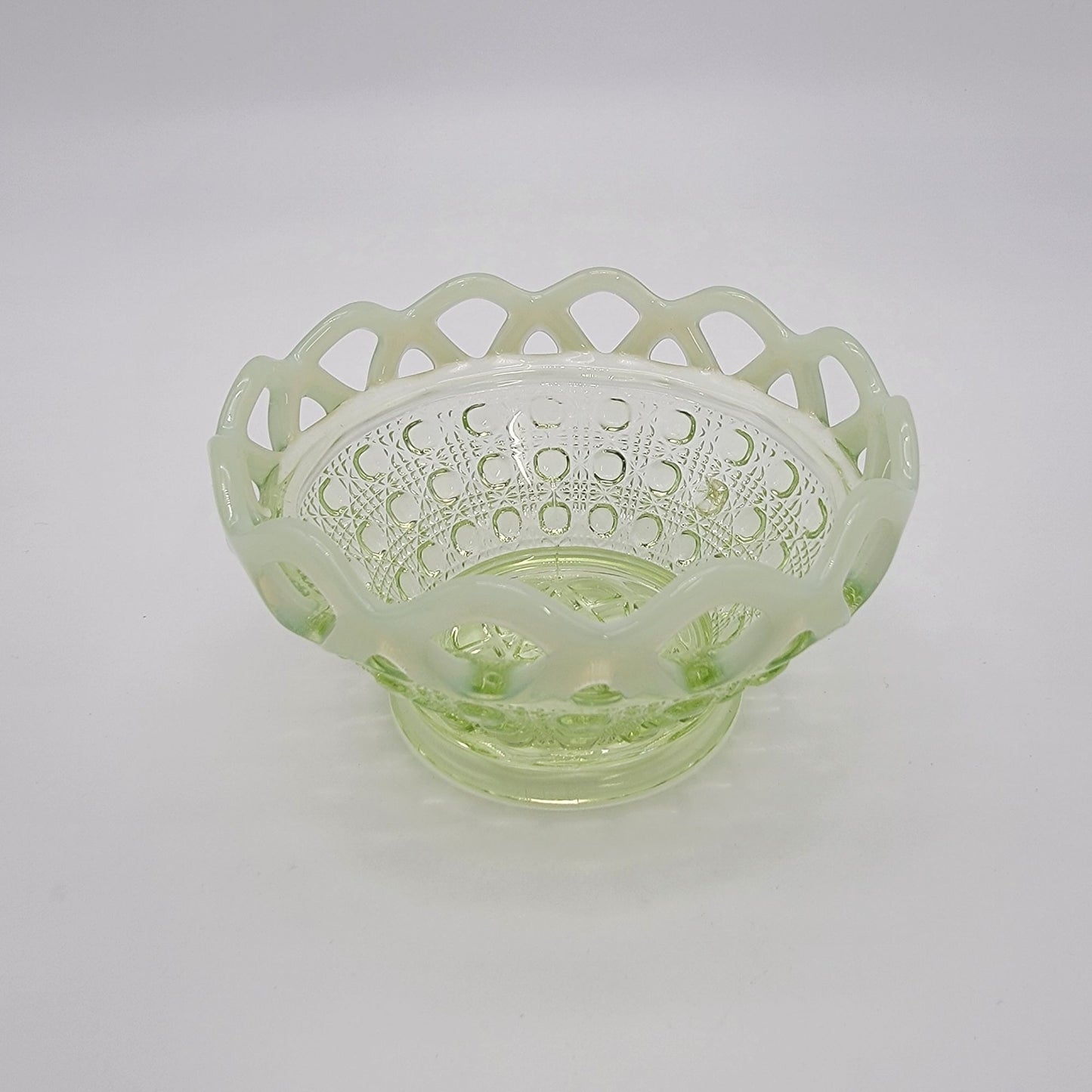 Vintage Uranium Glass IGreen Opalescent Button Cane Open-Lace Bowl