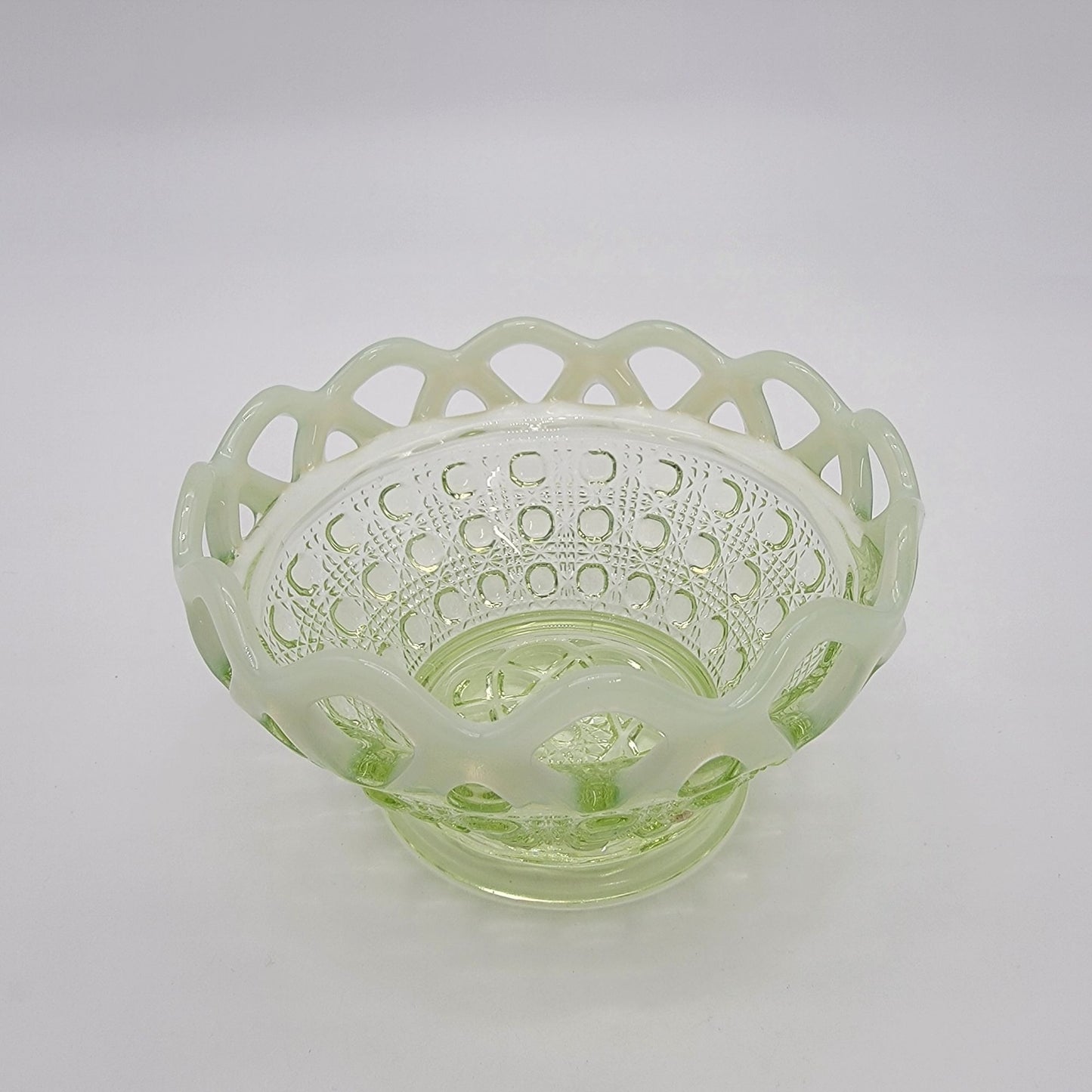 Vintage Uranium Glass IGreen Opalescent Button Cane Open-Lace Bowl