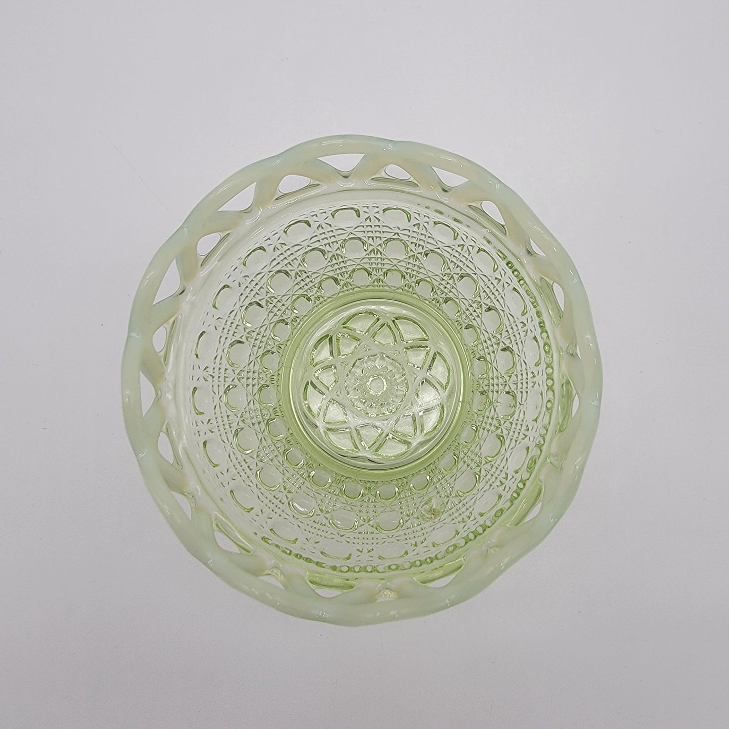 Vintage Uranium Glass IGreen Opalescent Button Cane Open-Lace Bowl