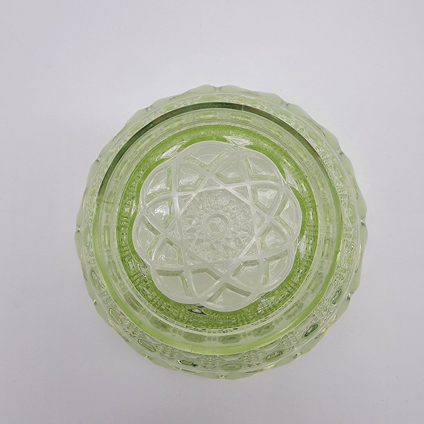 Vintage Uranium Glass IGreen Opalescent Button Cane Open-Lace Bowl