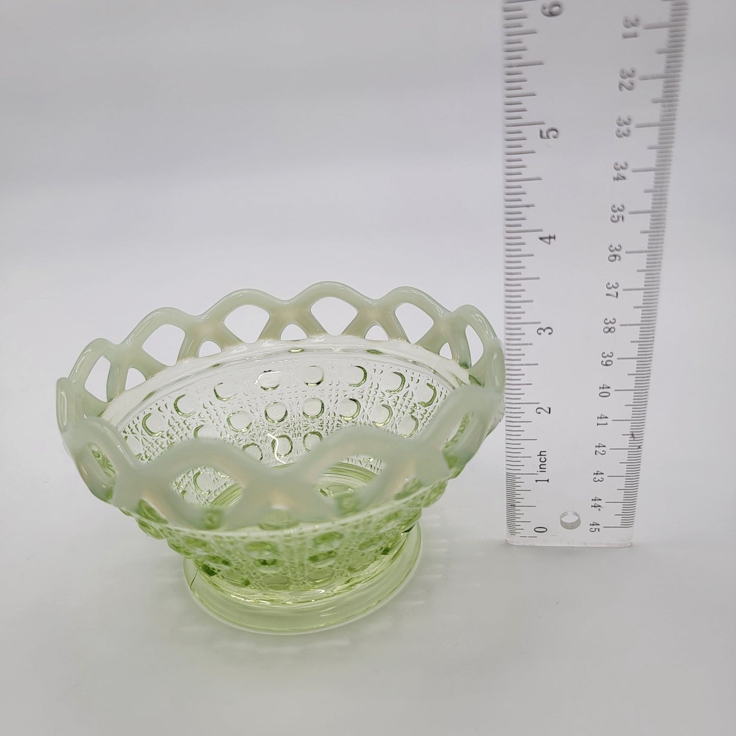 Vintage Uranium Glass IGreen Opalescent Button Cane Open-Lace Bowl