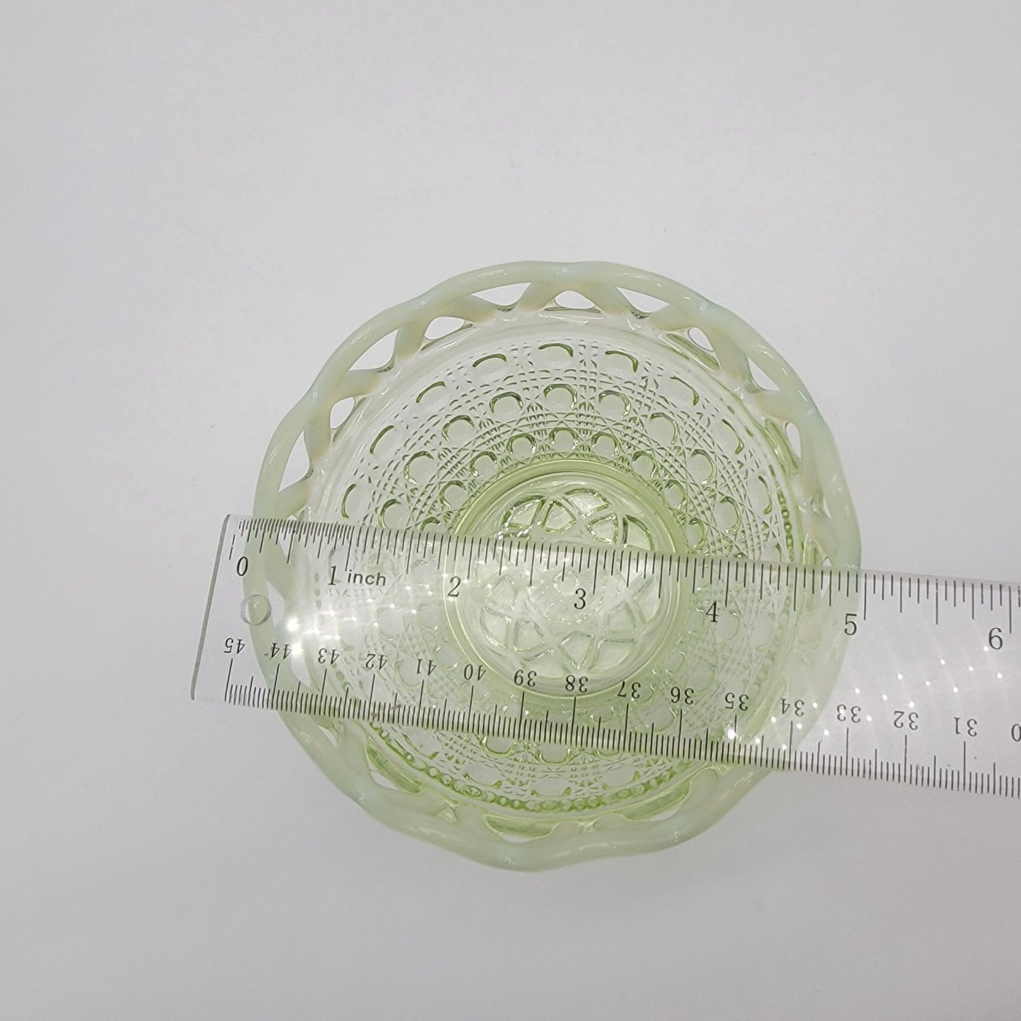 Vintage Uranium Glass IGreen Opalescent Button Cane Open-Lace Bowl