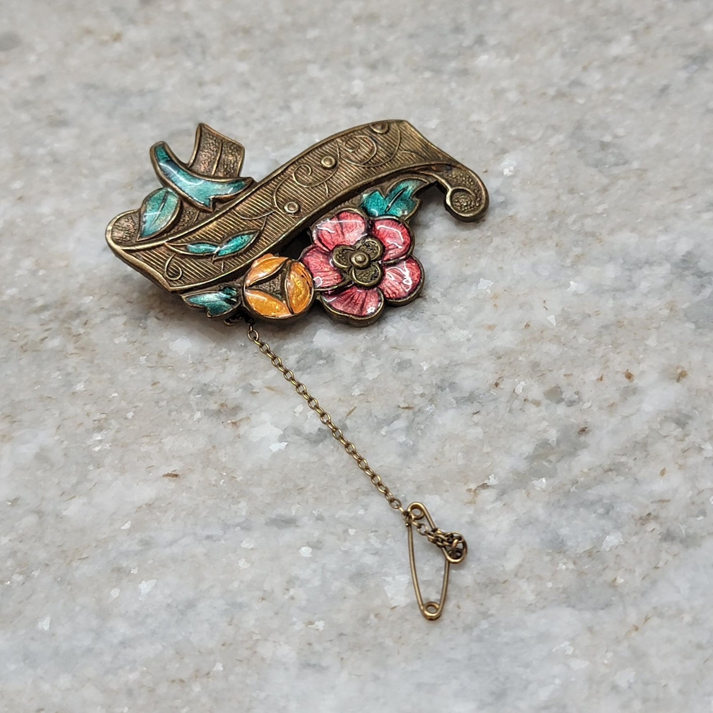 Antique Brass Cold Painted Enamel Floral Brooch With Safety Chain