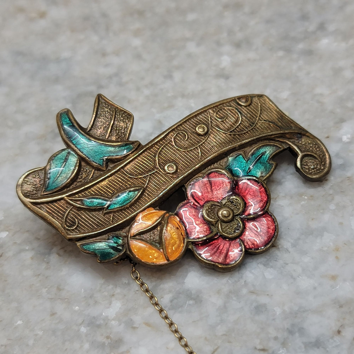 Antique Brass Cold Painted Enamel Floral Brooch With Safety Chain