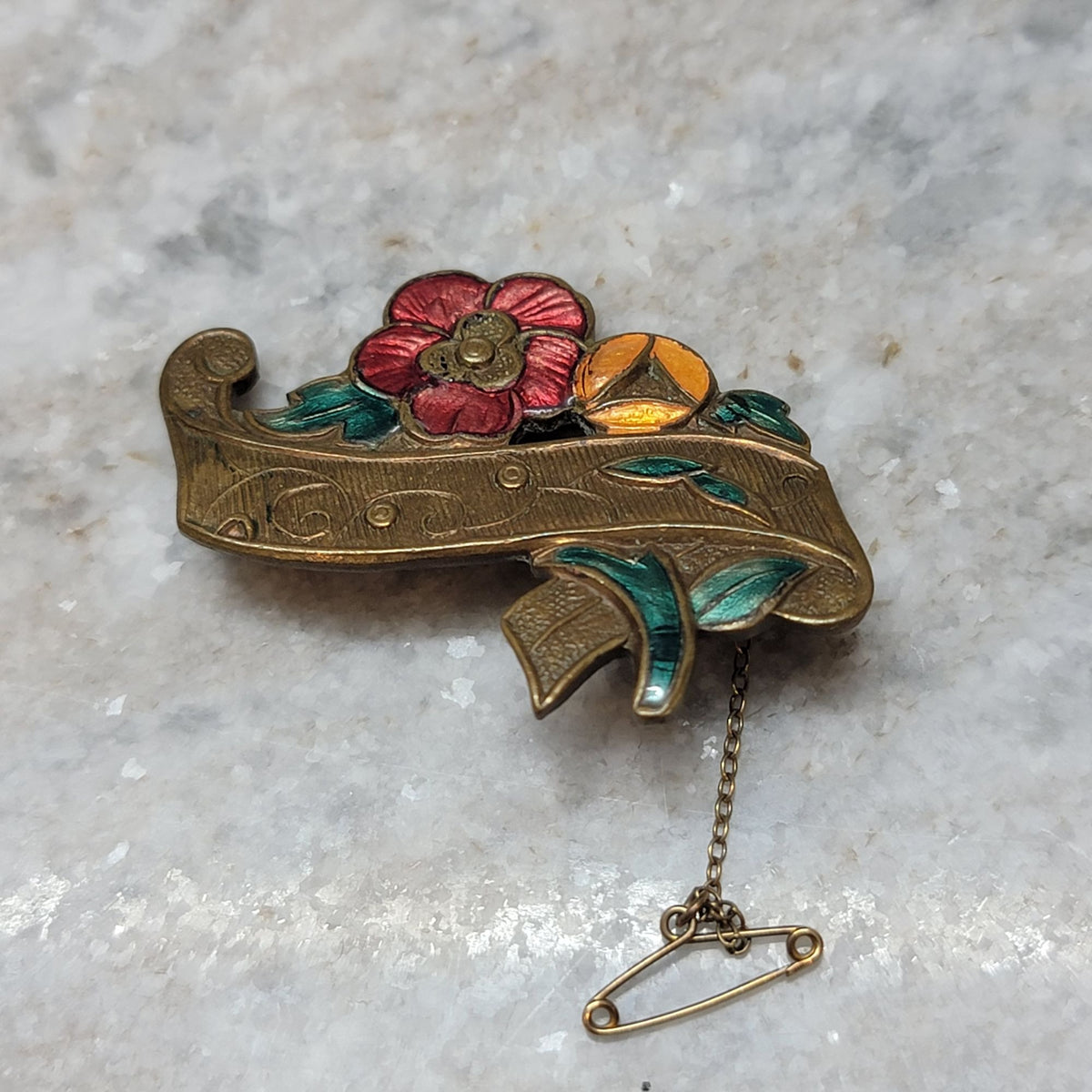 Antique Brass Cold Painted Enamel Floral Brooch With Safety Chain
