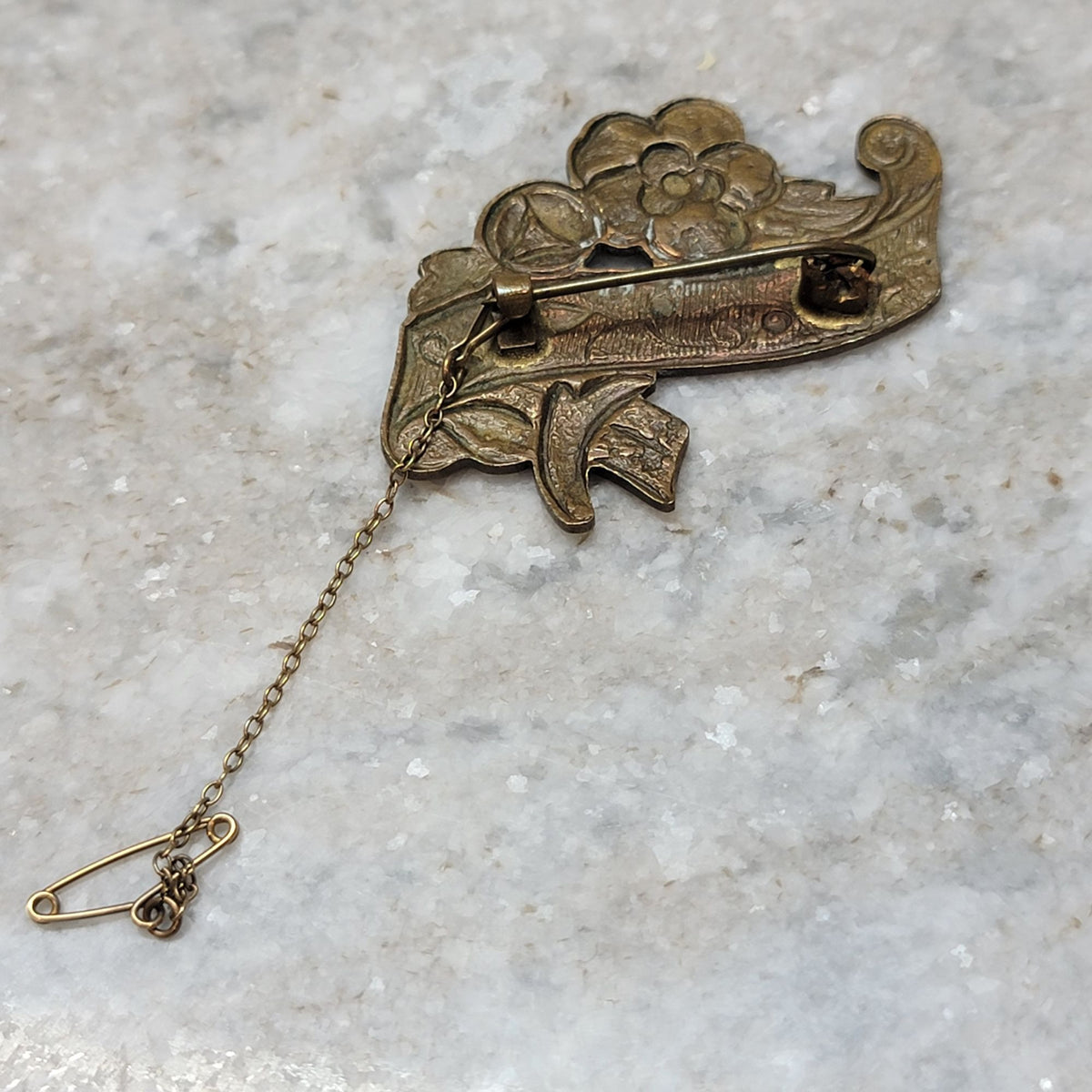 Antique Brass Cold Painted Enamel Floral Brooch With Safety Chain