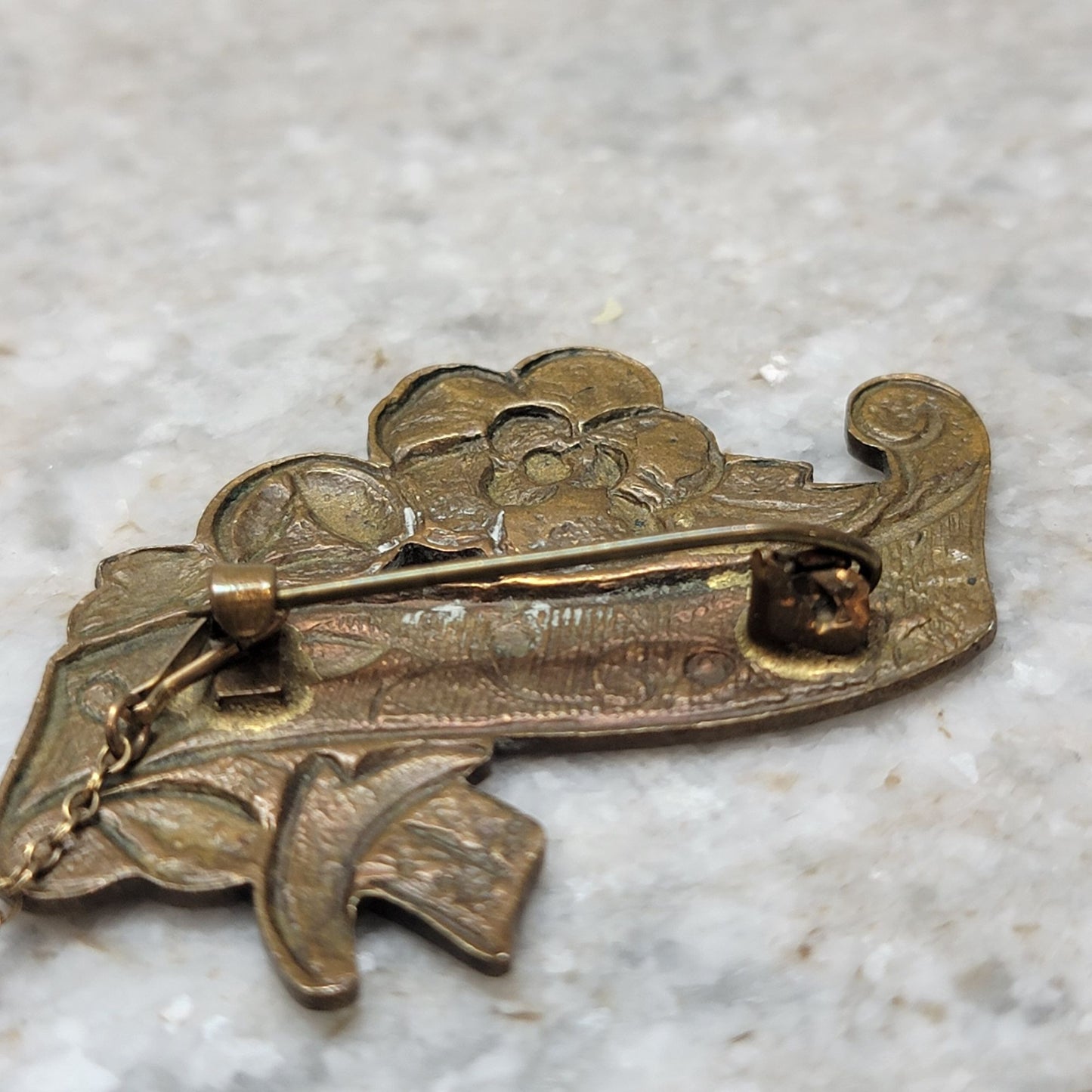 Antique Brass Cold Painted Enamel Floral Brooch With Safety Chain