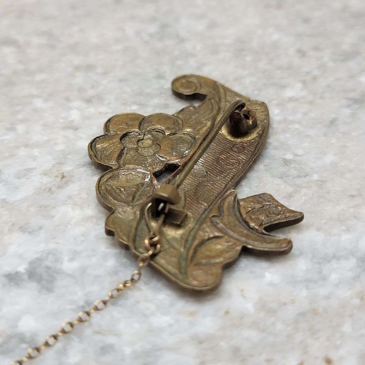 Antique Brass Cold Painted Enamel Floral Brooch With Safety Chain