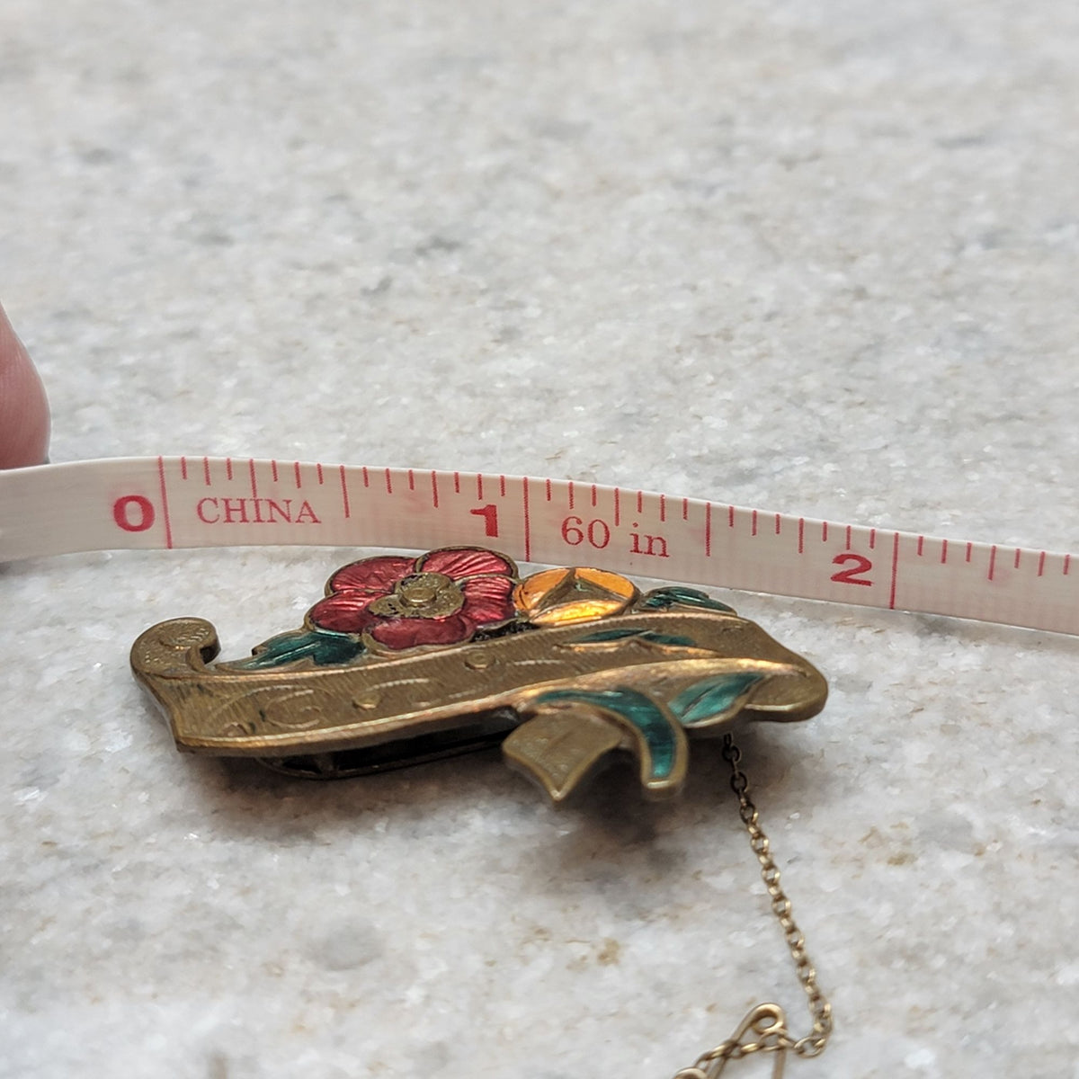 Antique Brass Cold Painted Enamel Floral Brooch With Safety Chain