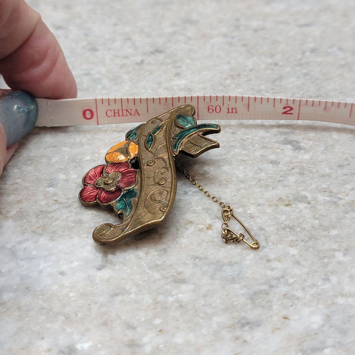 Antique Brass Cold Painted Enamel Floral Brooch With Safety Chain