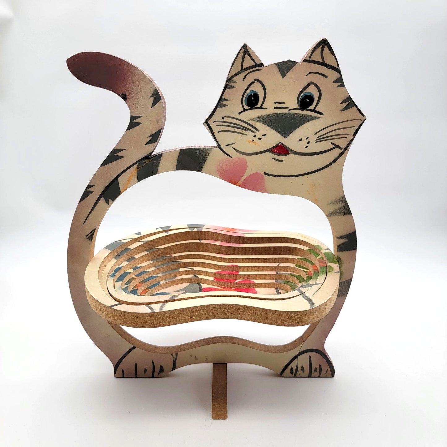 Vintage Hand Painted Wooden Cat Expanding Basket