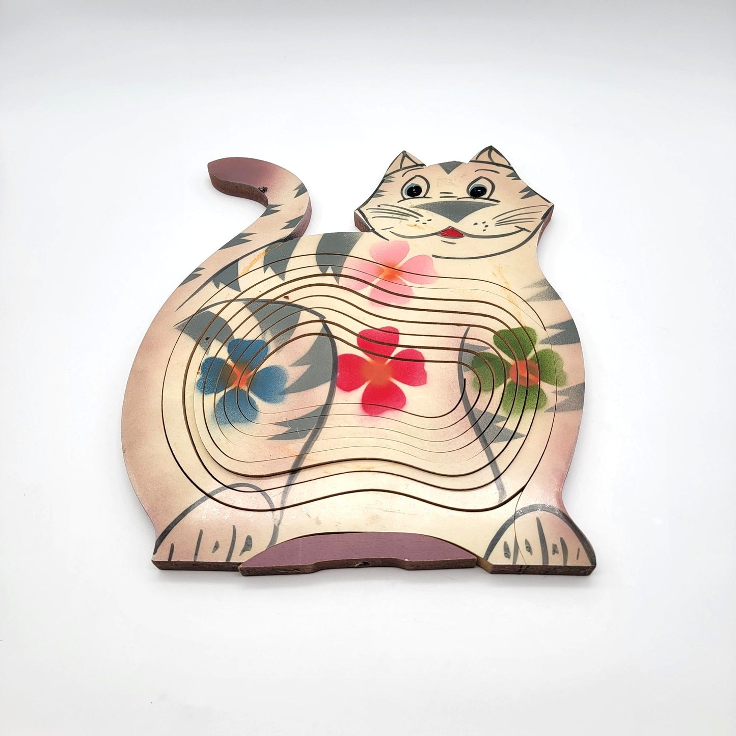 Vintage Hand Painted Wooden Cat Expanding Basket