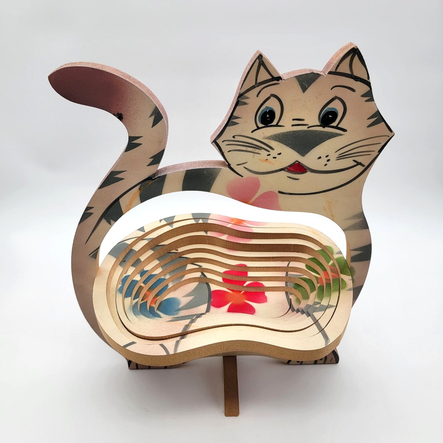 Vintage Hand Painted Wooden Cat Expanding Basket