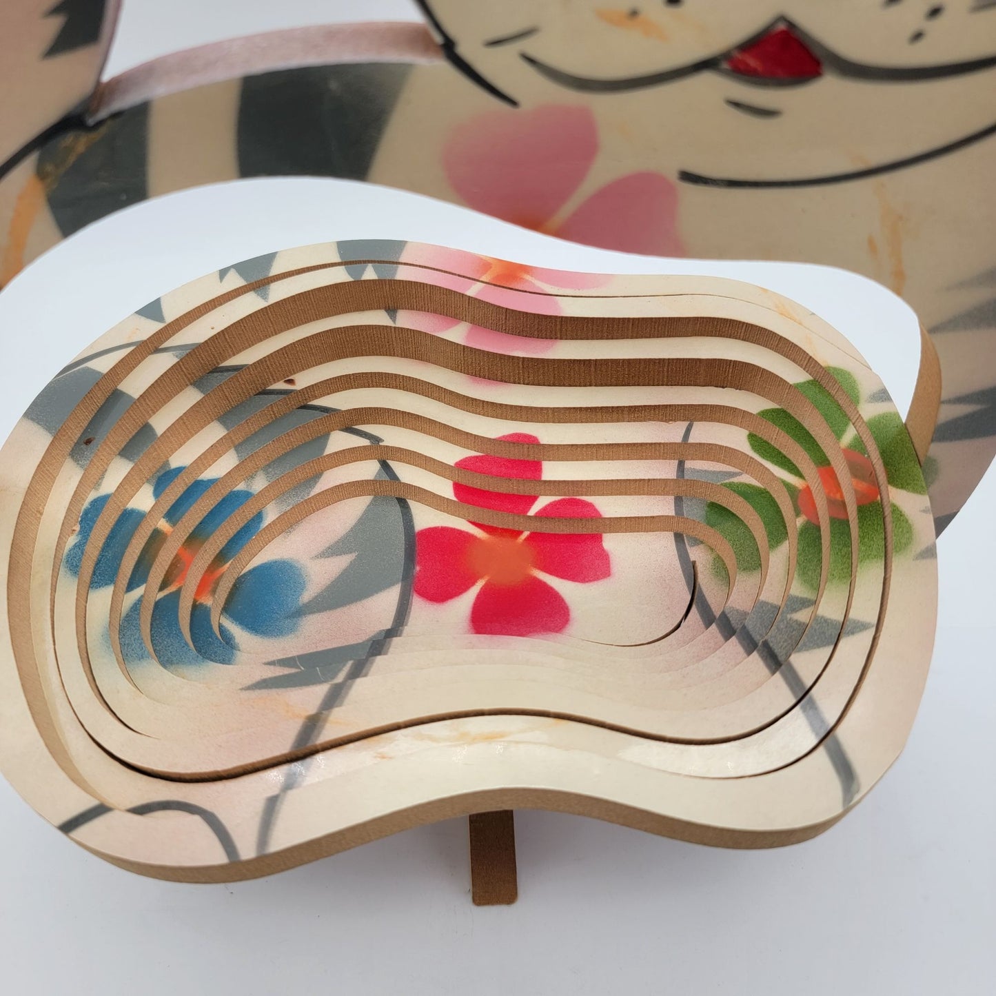 Vintage Hand Painted Wooden Cat Expanding Basket