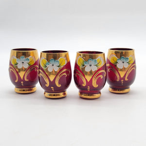 Mid-Century Bohemian Czech Ruby Red Enameled Cordial Glasses Set Of 4