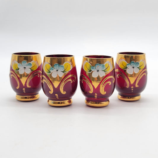 Mid-Century Bohemian Czech Ruby Red Enameled Cordial Glasses Set Of 4