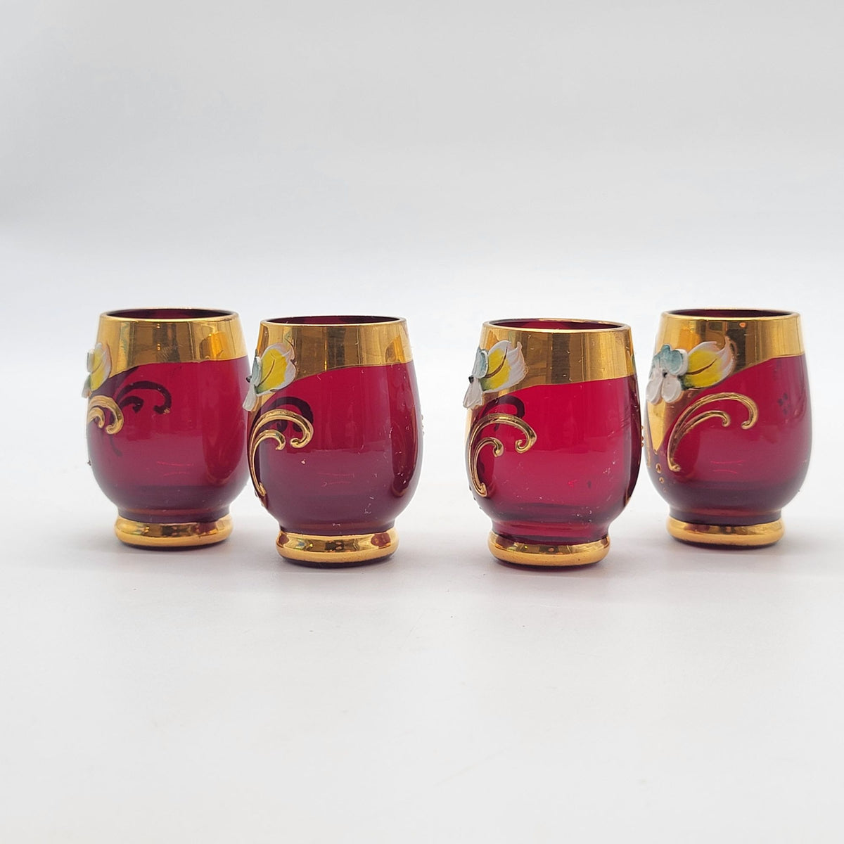 Mid-Century Bohemian Czech Ruby Red Enameled Cordial Glasses Set Of 4