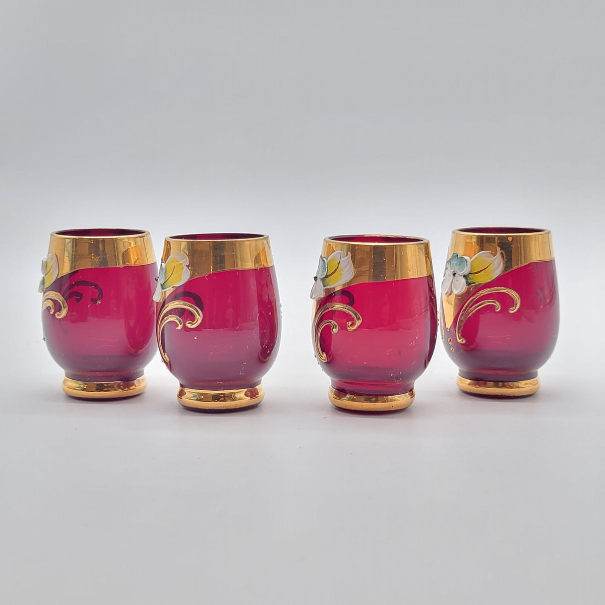 Mid-Century Bohemian Czech Ruby Red Enameled Cordial Glasses Set Of 4