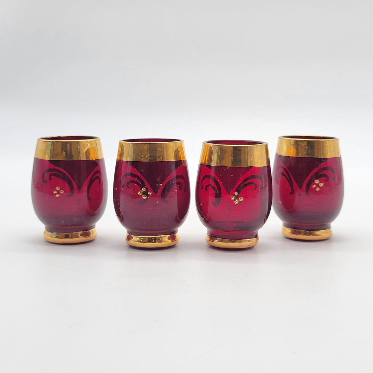 Mid-Century Bohemian Czech Ruby Red Enameled Cordial Glasses Set Of 4