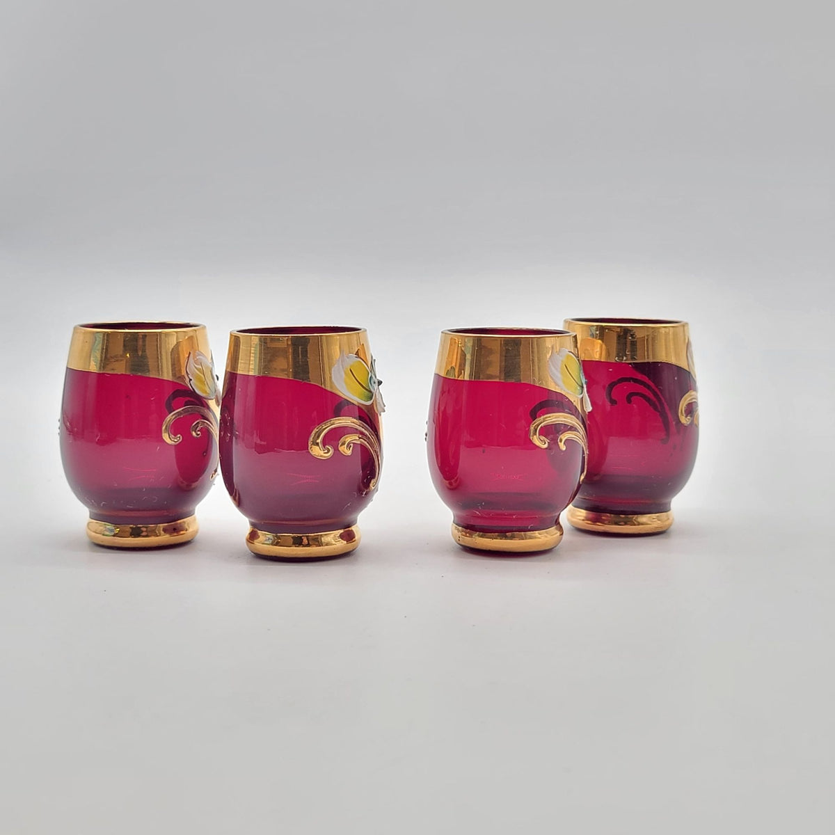 Mid-Century Bohemian Czech Ruby Red Enameled Cordial Glasses Set Of 4