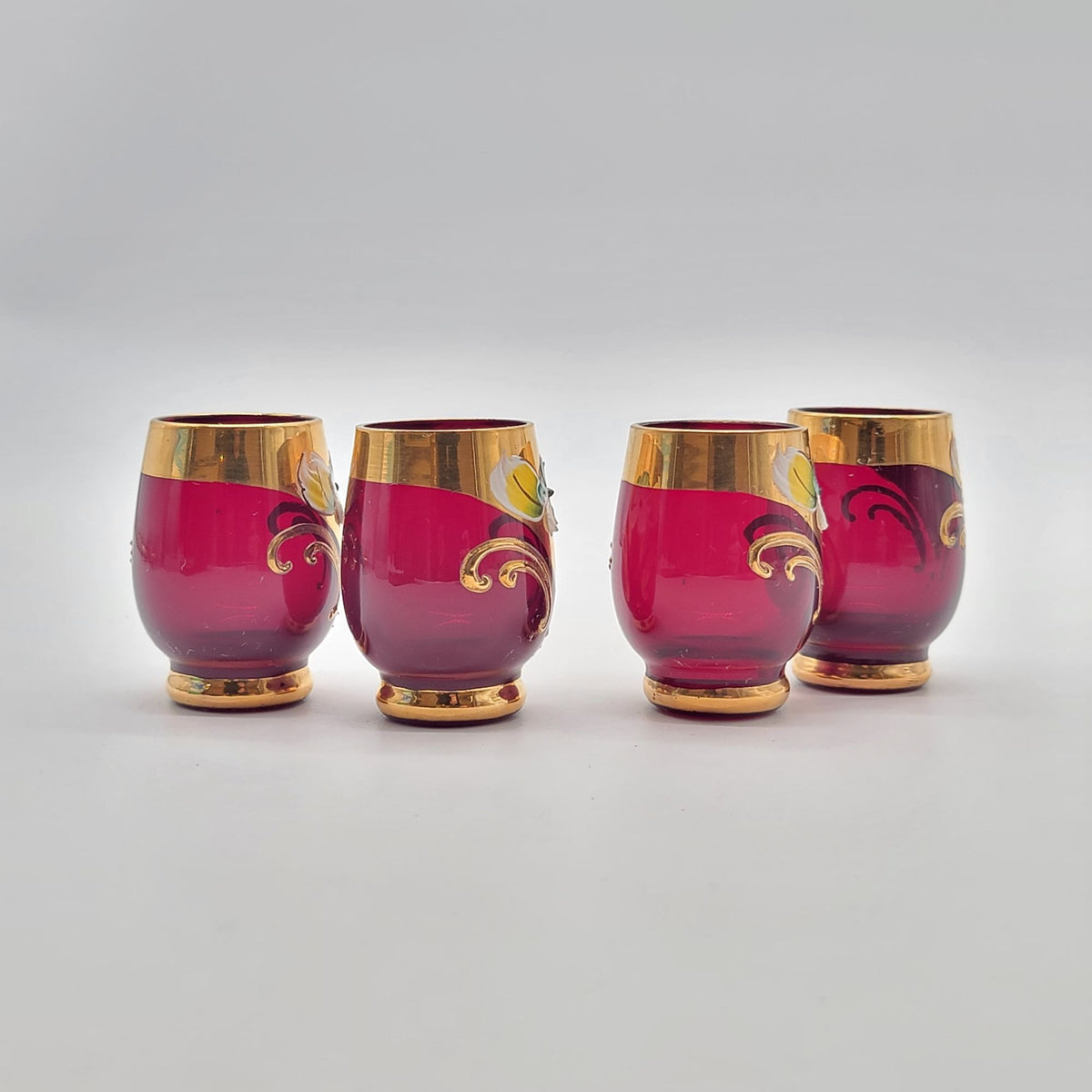 Mid-Century Bohemian Czech Ruby Red Enameled Cordial Glasses Set Of 4