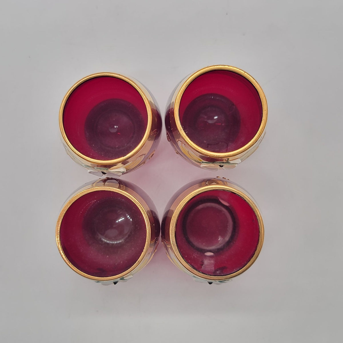 Mid-Century Bohemian Czech Ruby Red Enameled Cordial Glasses Set Of 4