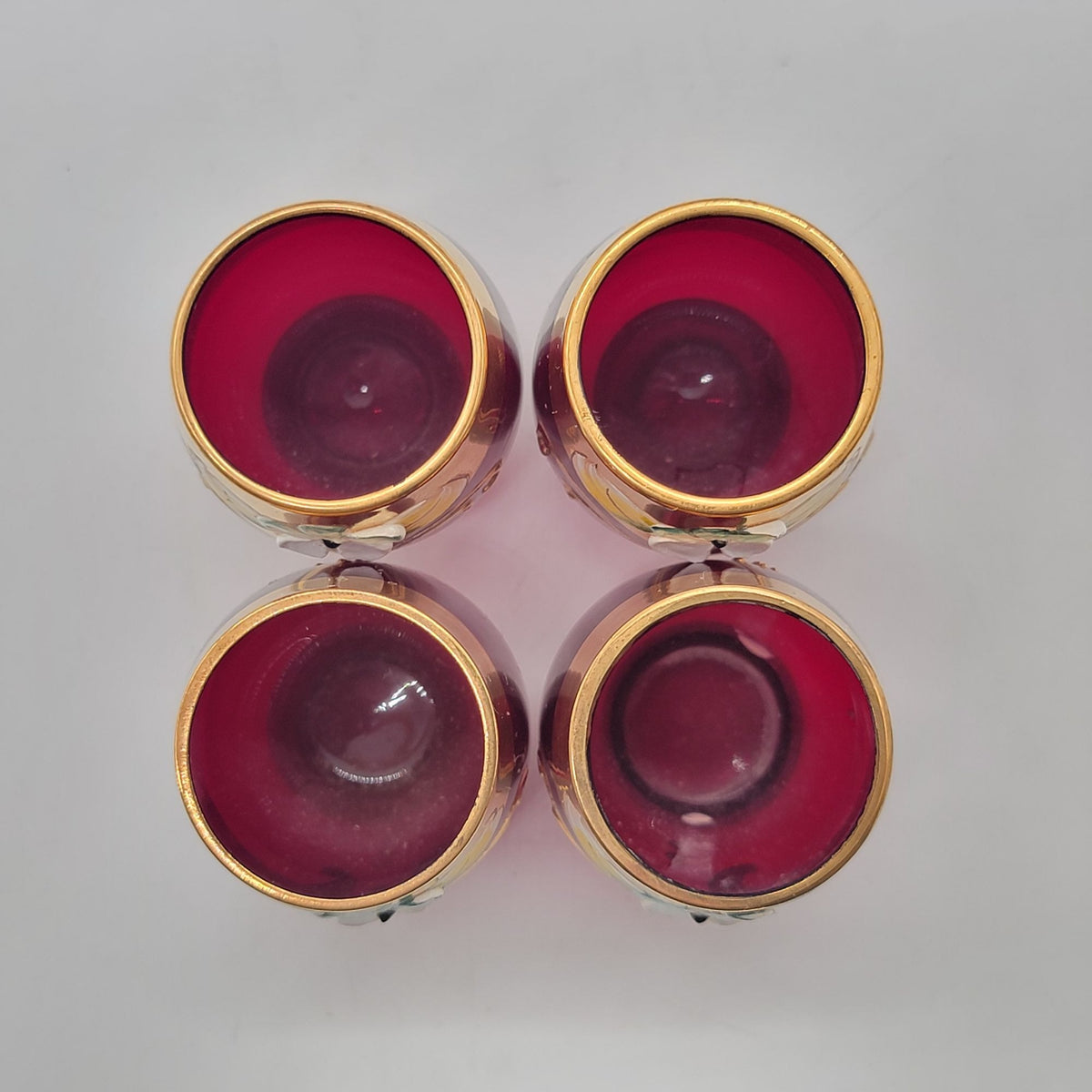 Mid-Century Bohemian Czech Ruby Red Enameled Cordial Glasses Set Of 4