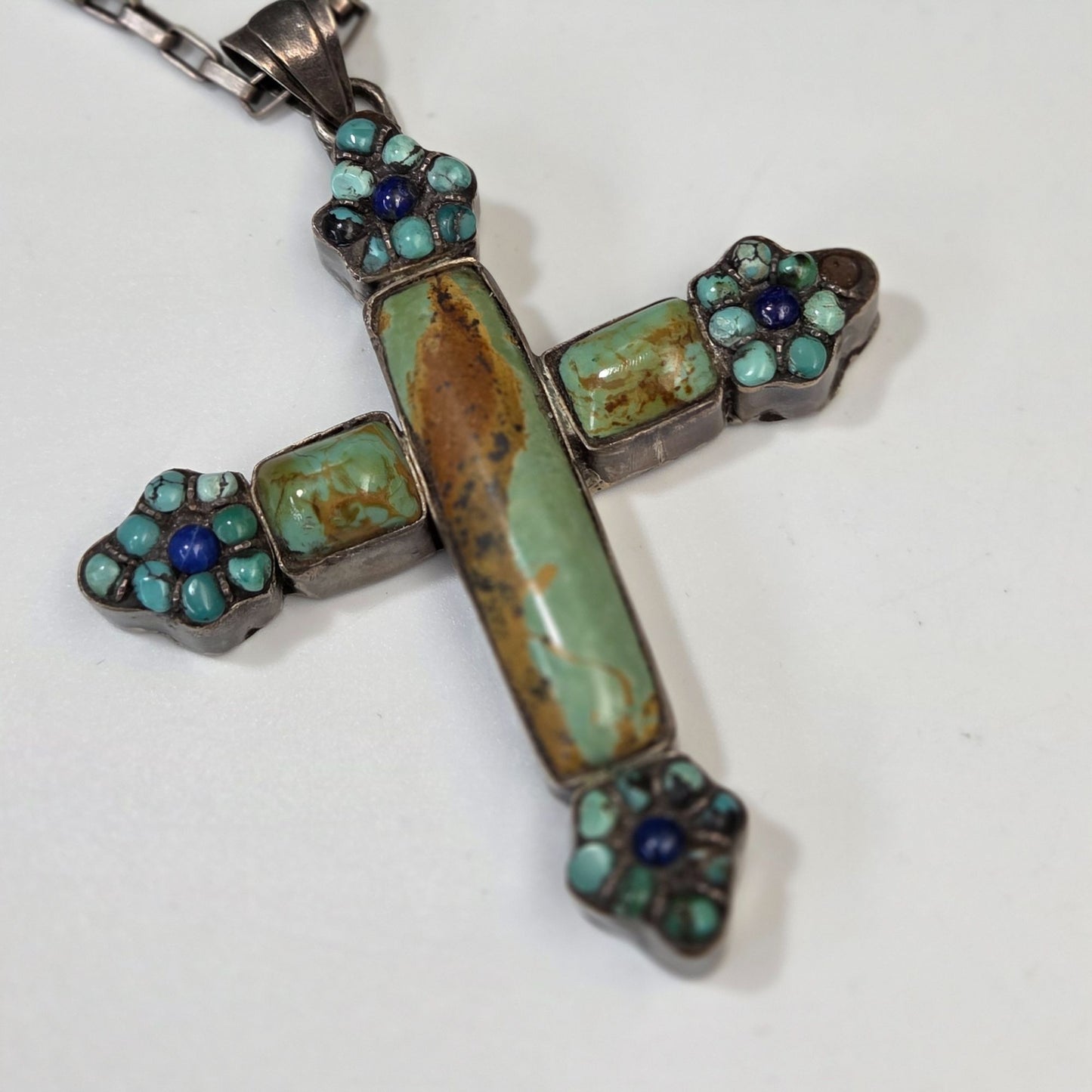 Turquoise and Lapis 925 Sterling Silver Cross Pendant on Box Chain