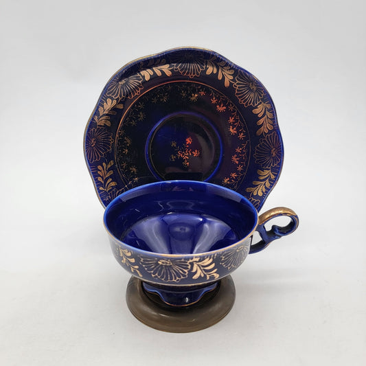 Vintage Cobalt Blue Bavarian Porcelain Tea Cup & Saucer 22K Gold