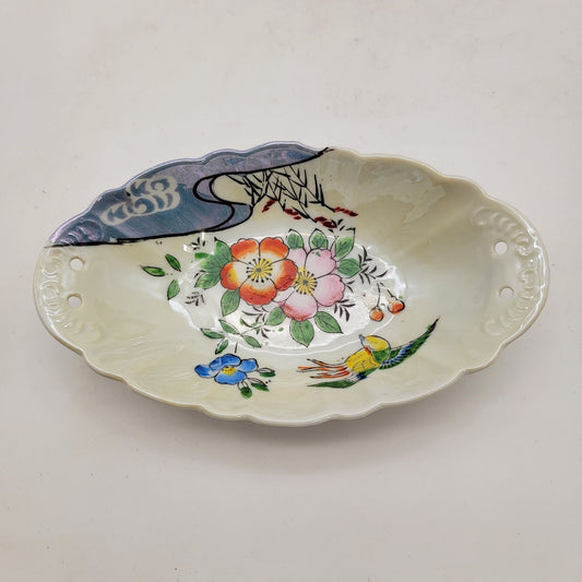 Antique Japanese Hand-Painted Porcelain Dish With Floral & Bird Design