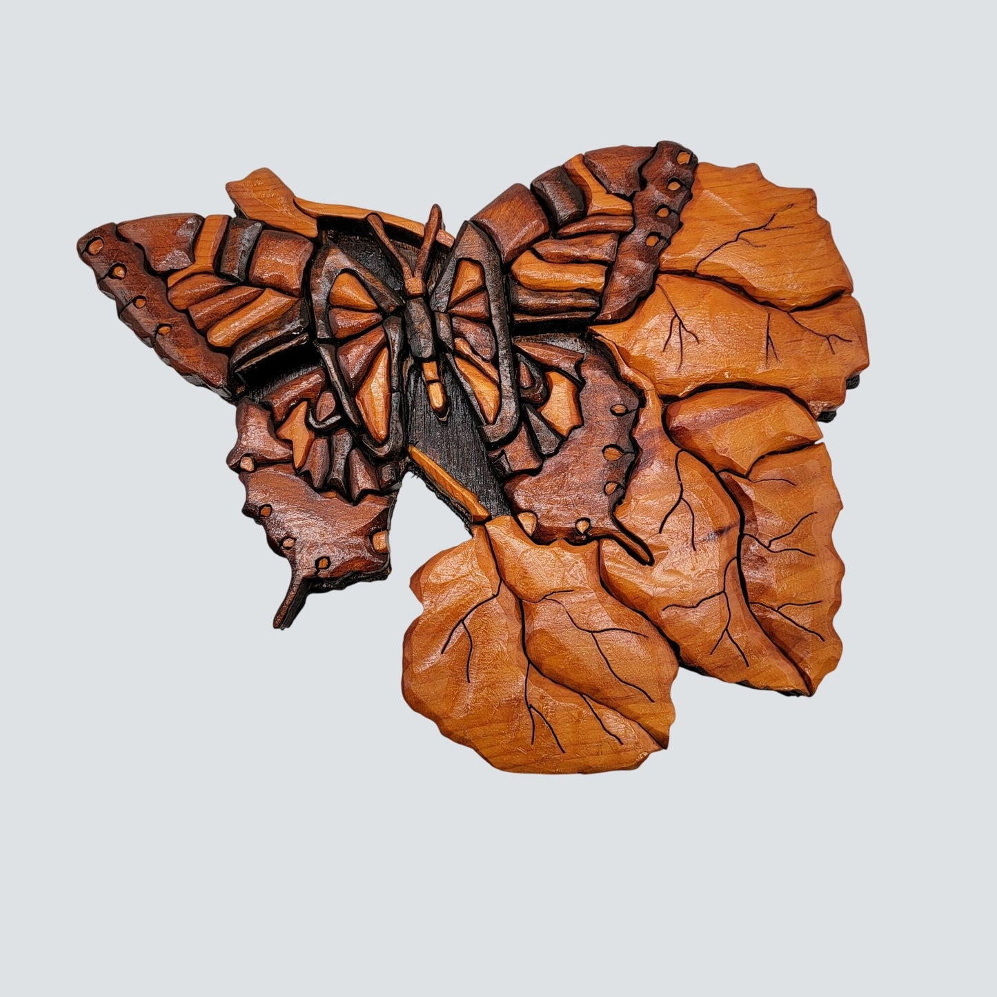 Vintage Intarsia Wood Wall Art Butterfly On Leaves