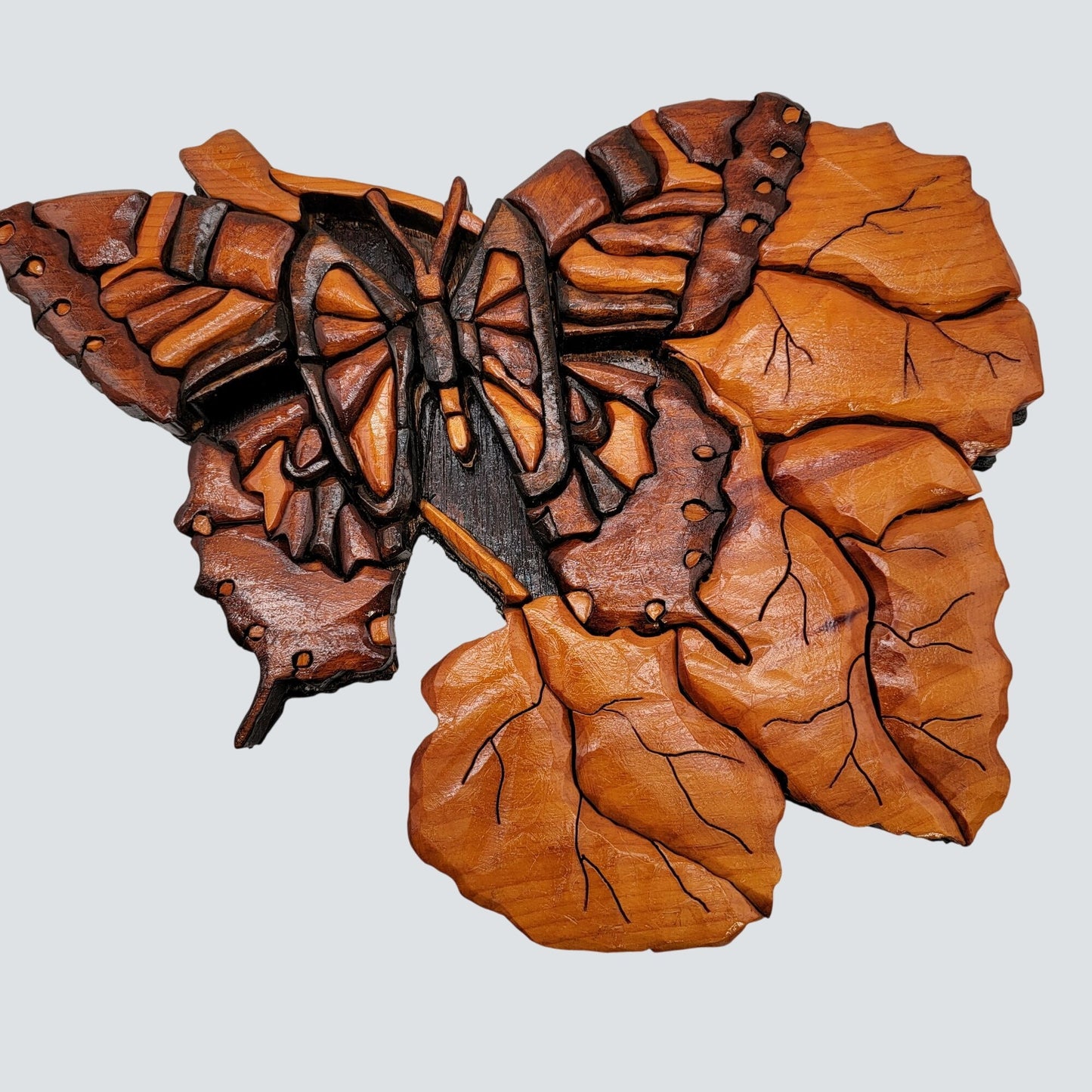Vintage Intarsia Wood Wall Art Butterfly On Leaves