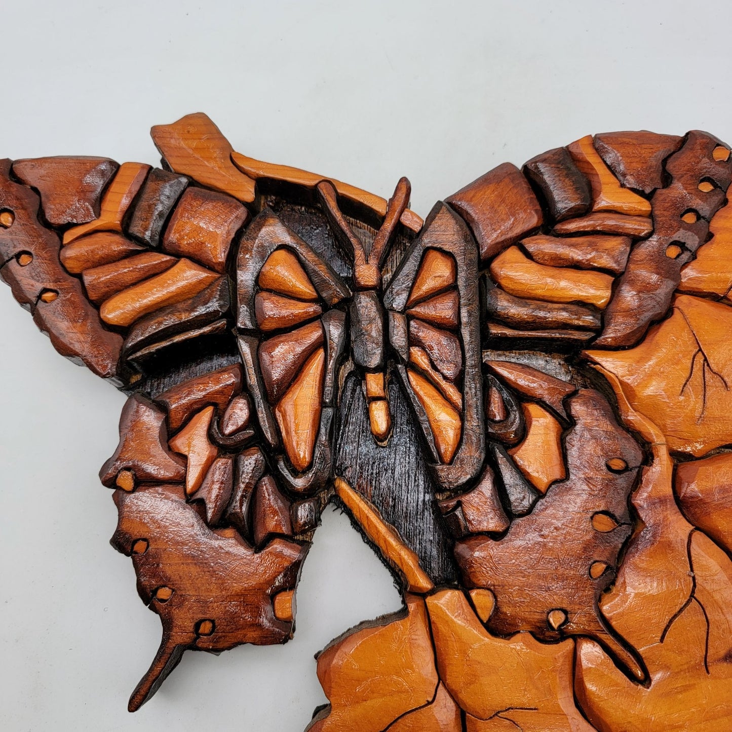 Vintage Intarsia Wood Wall Art Butterfly On Leaves