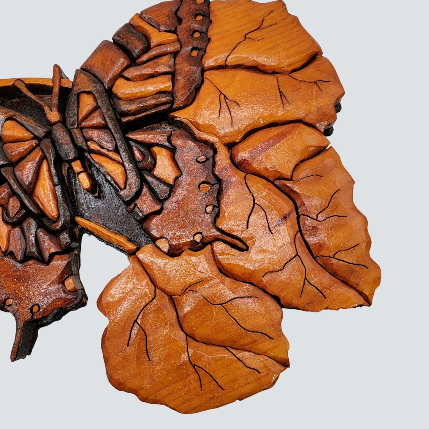 Vintage Intarsia Wood Wall Art Butterfly On Leaves