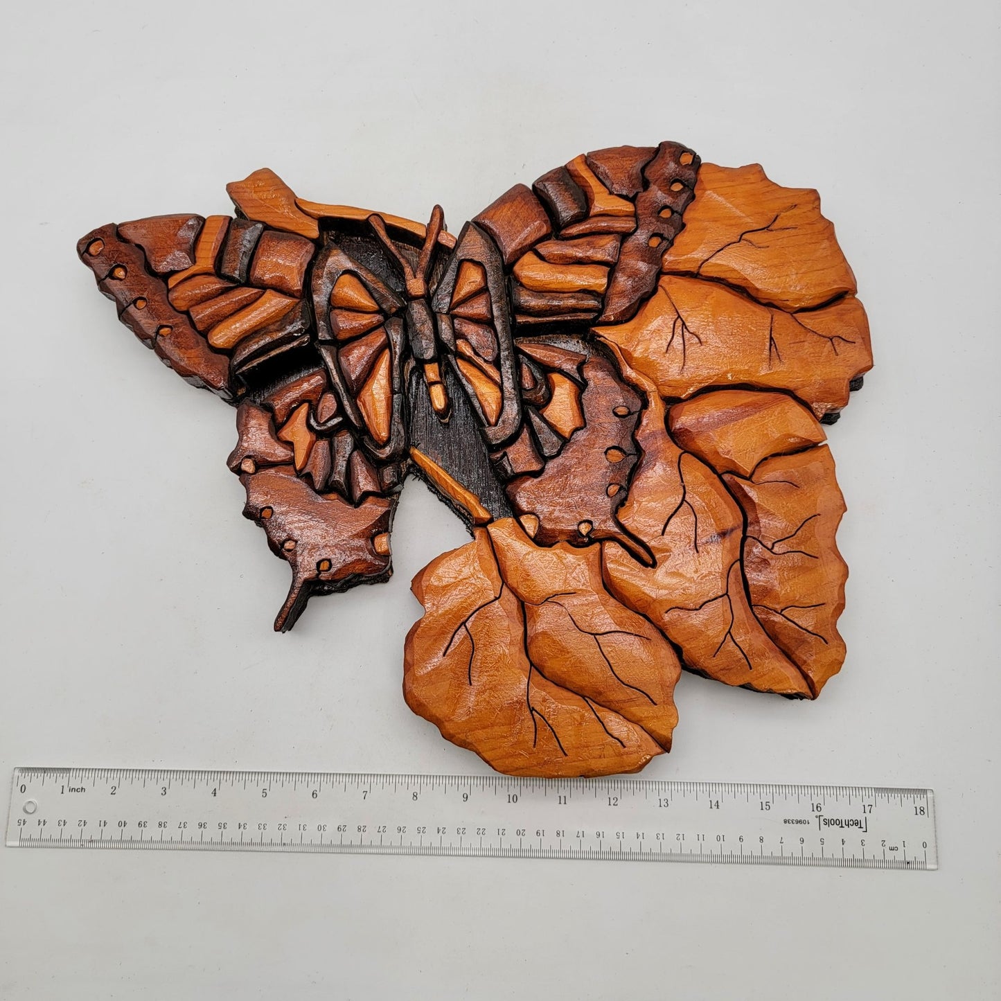 Vintage Intarsia Wood Wall Art Butterfly On Leaves