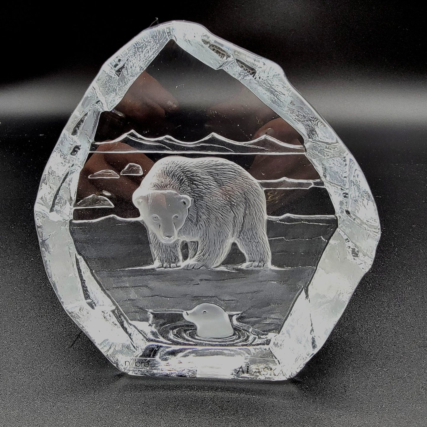 Signed Nybro Intaglio Crystal Alaska Polar Bear & Seal Paperweight