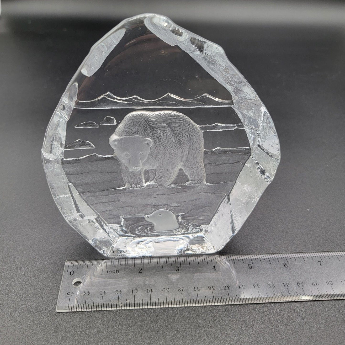 Signed Nybro Intaglio Crystal Alaska Polar Bear & Seal Paperweight
