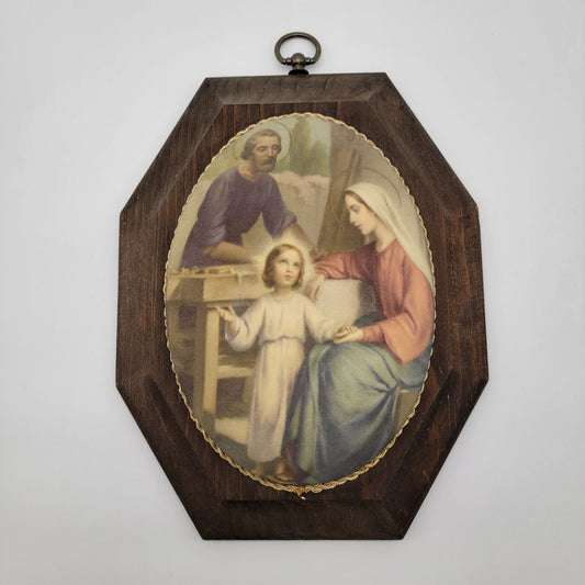 Vintage Madonna Holy Family Wall Art On Wooden Octagon Plaque