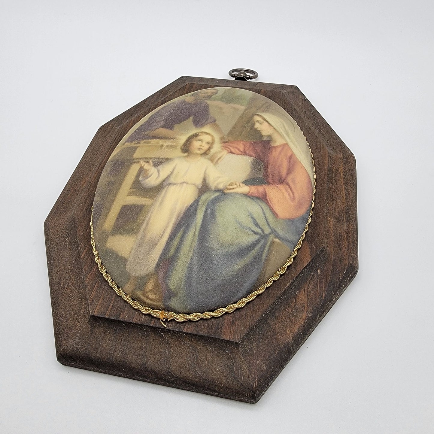 Vintage Madonna Holy Family Wall Art On Wooden Octagon Plaque