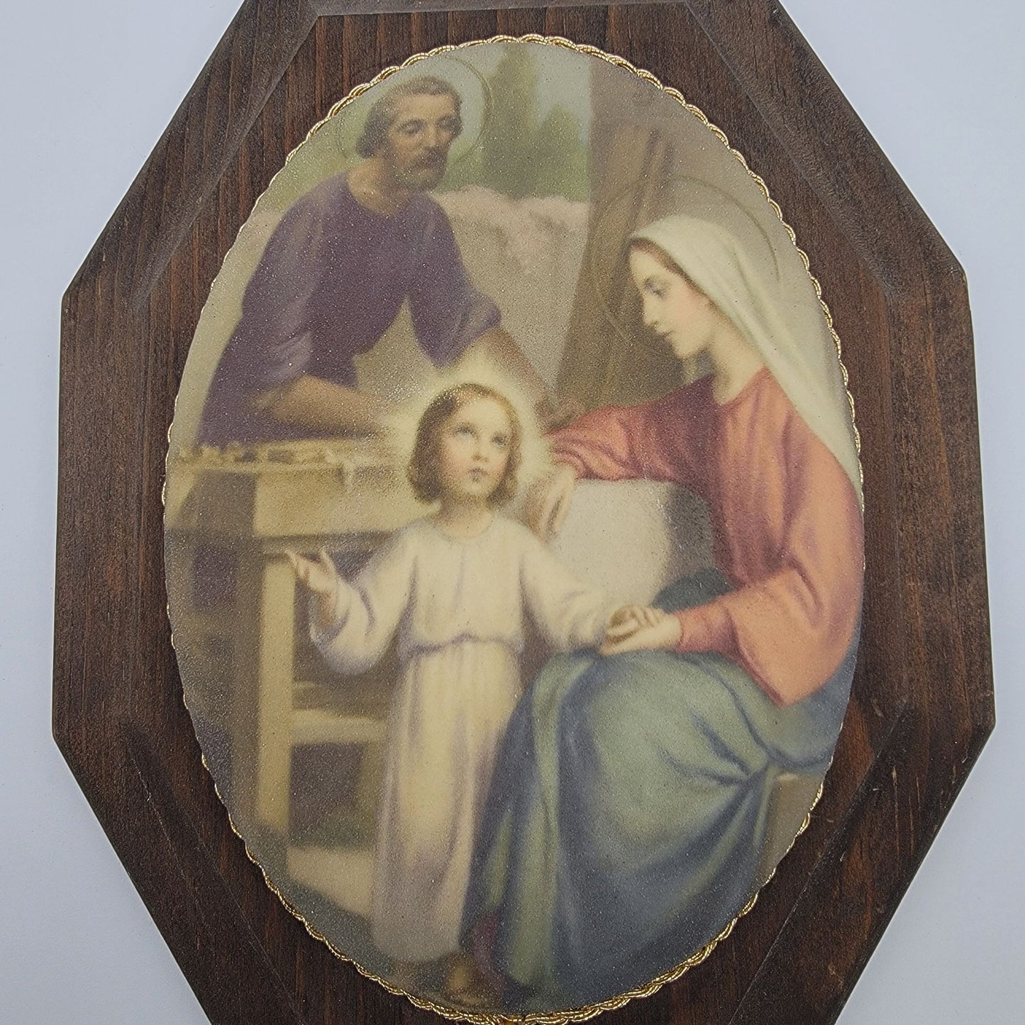 Vintage Madonna Holy Family Wall Art On Wooden Octagon Plaque