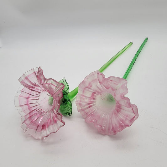 Pair Of Vintage Art Glass Ruffled Pink Flowers Sculptures