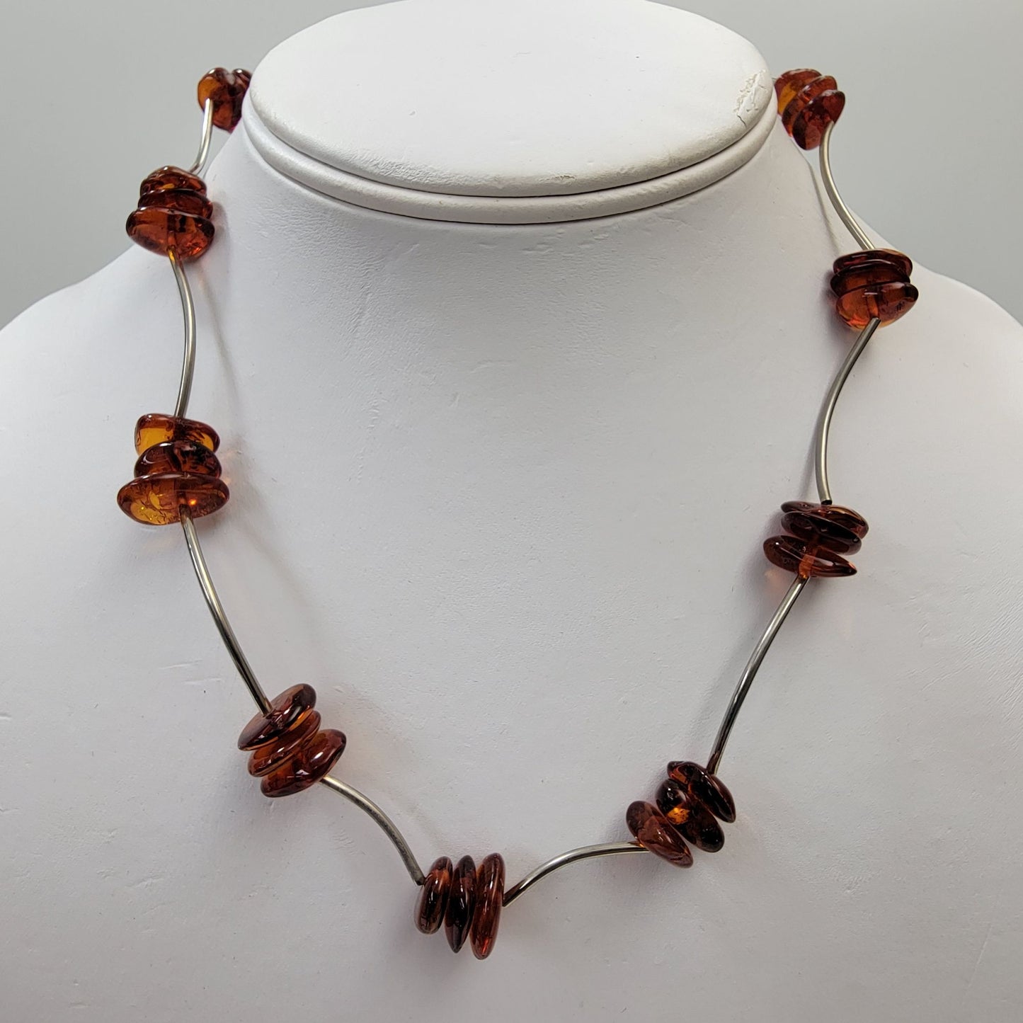 Vintage Baltic Amber Pebbles Liquid Silver Necklace