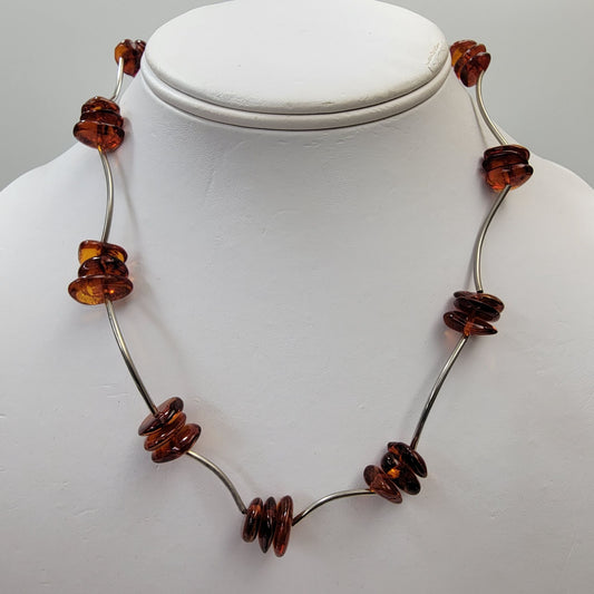 Vintage Baltic Amber Pebbles Liquid Silver Necklace