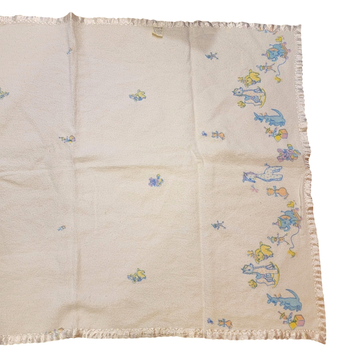 Vintage Baby Blanket With Pastel Animal Print & Satin Trim