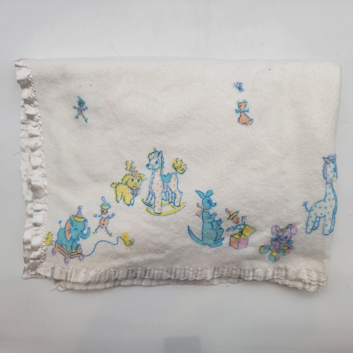 Vintage Baby Blanket With Pastel Animal Print & Satin Trim