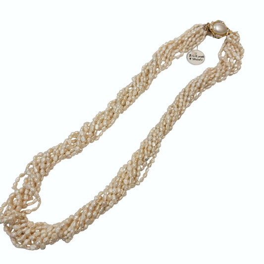 9 Strand Biwa Freshwater Pearl Torsade Necklace With Pearl Embellished Box Clasp