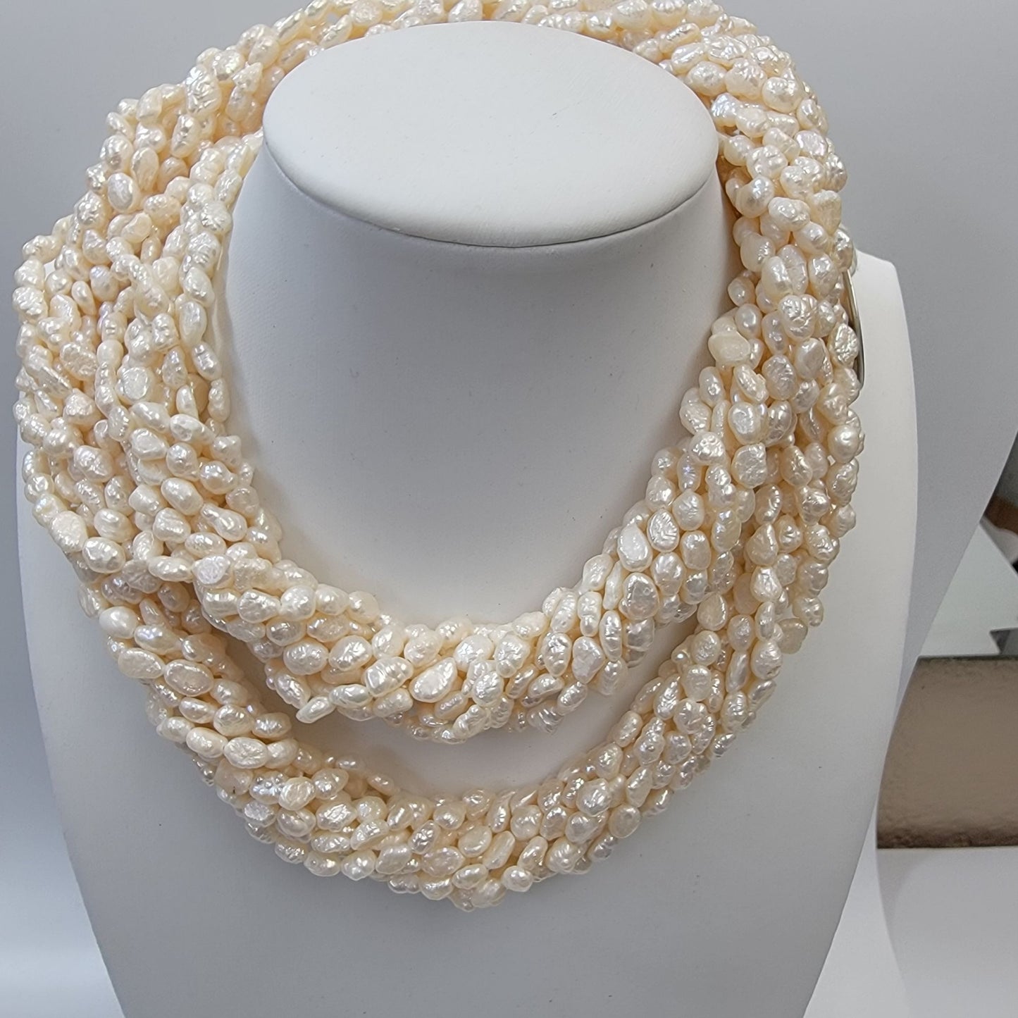 9 Strand Biwa Freshwater Pearl Torsade Necklace With Pearl Embellished Box Clasp